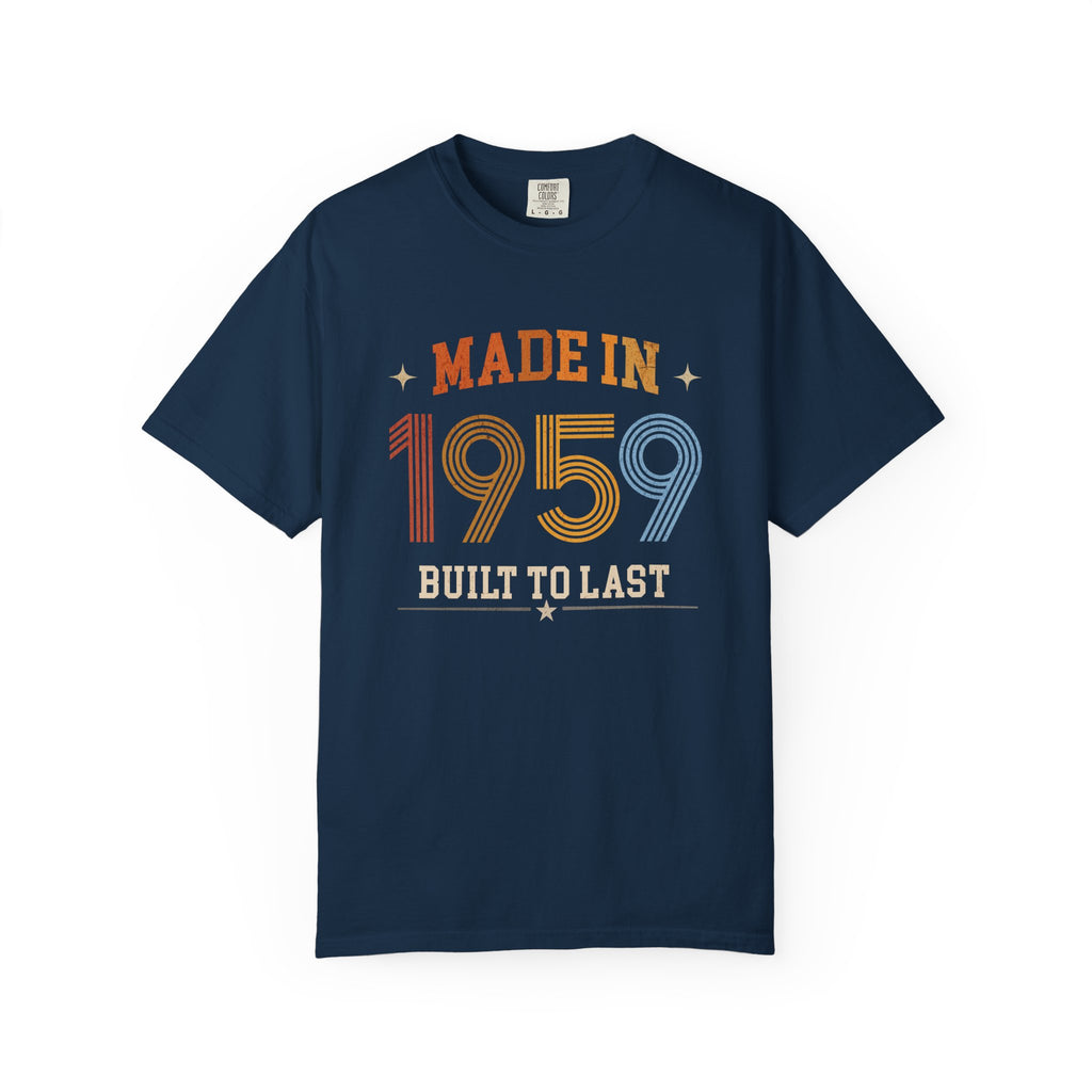 Navy blue t-shirt with 'Made in 1959 Built to Last' text on a white background
