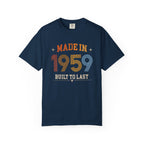 Navy blue t-shirt with 'Made in 1959 Built to Last' text on a white background