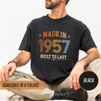 Person wearing a black t-shirt with 'Made in 1957 Built to Last' text, sitting on a white background.