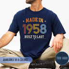 Person wearing a navy blue t-shirt with 'Made in 1958 Built to Last' text, sitting on a light gray background.