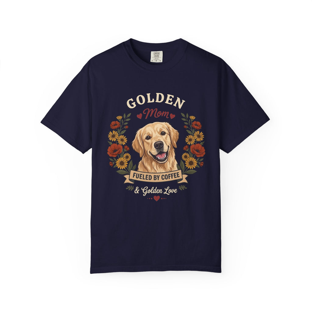 Light Golden Retriever Dog Mom T-Shirt | Fueled by Coffee & Golden Love