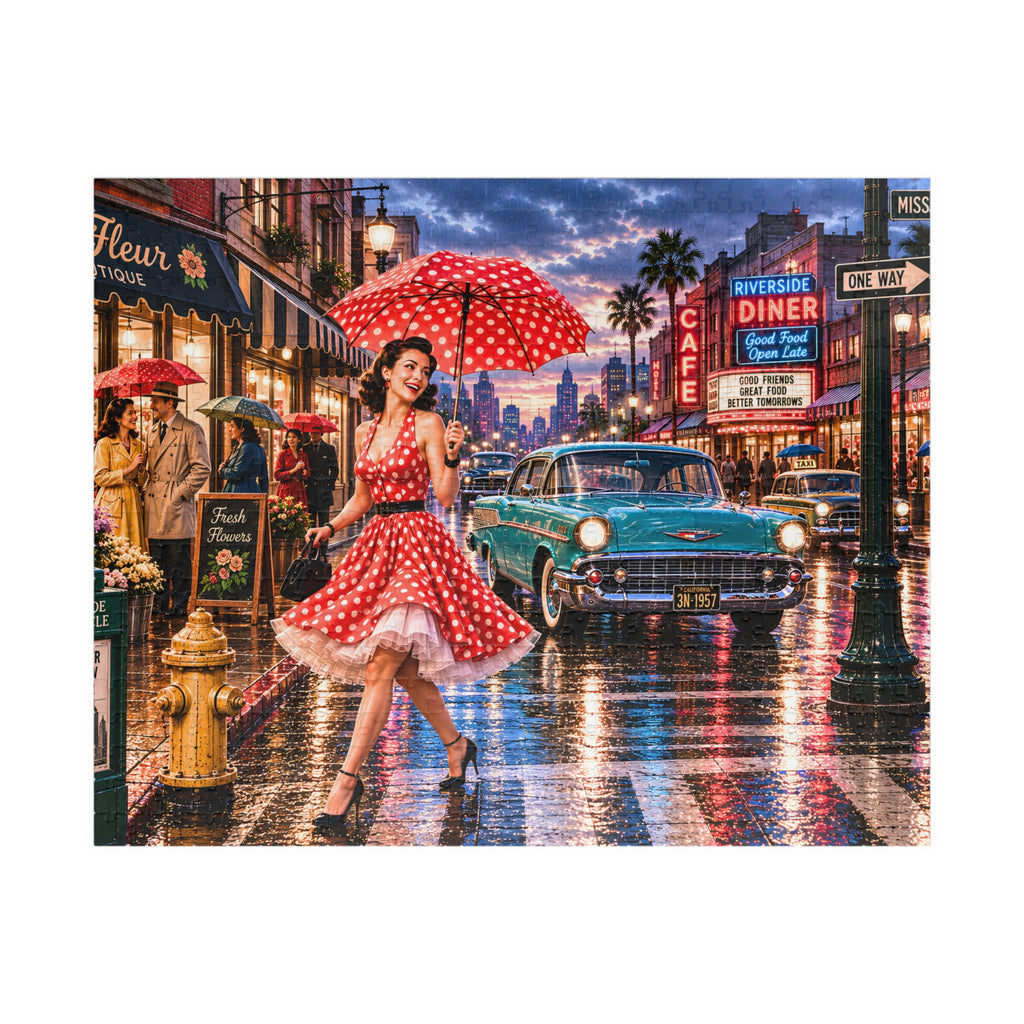A Little Rain Never Ruined the Outfit – Retro Pin-Up City Art Puzzle