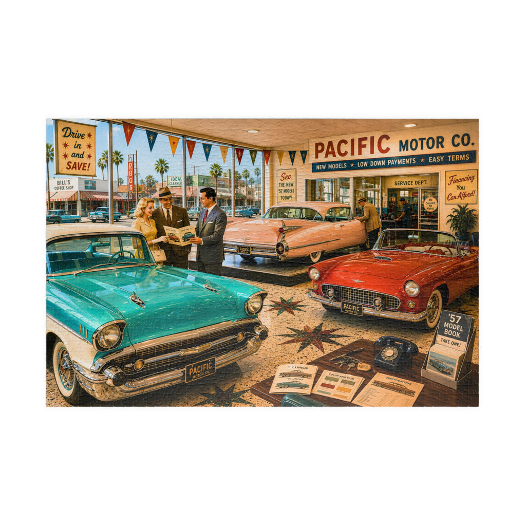 I'm Just Looking, Darling – Vintage Car Dealership Art Puzzle