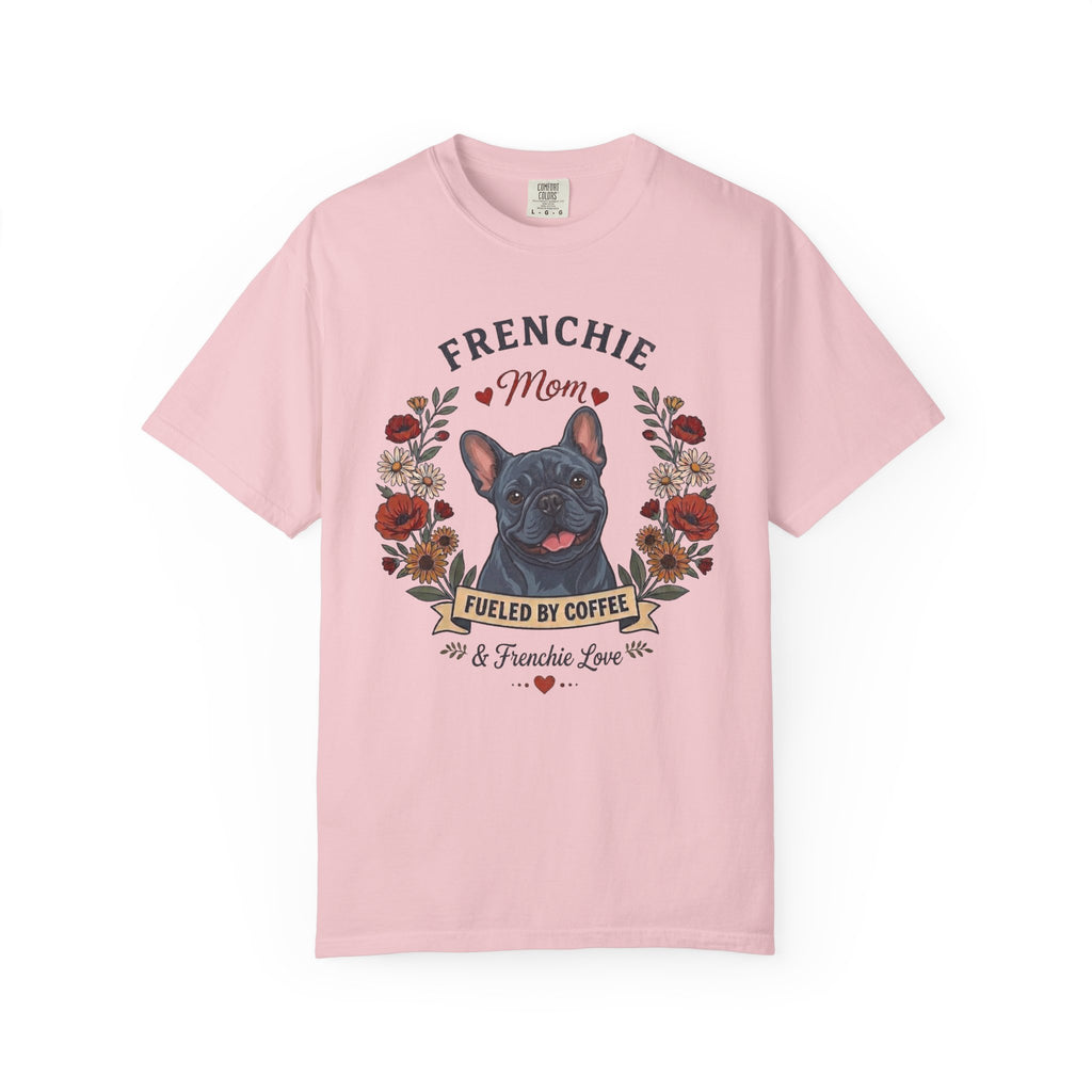 Blue French Bulldog Dog Mom T-Shirt | Fueled by Coffee & Frenchie Love