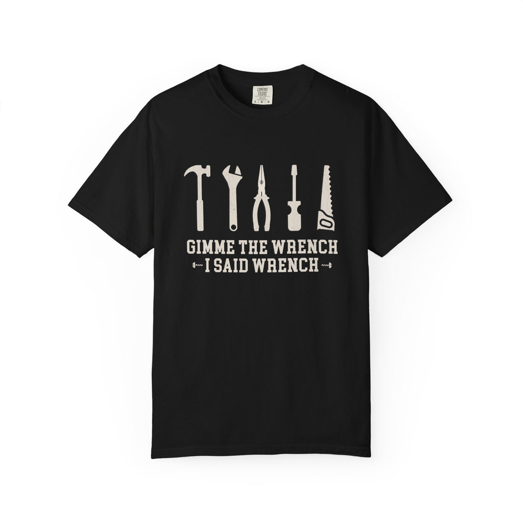 A black short-sleeve crewneck t-shirt with a white graphic print of various hand tools (hammer, wrench, pliers, screwdriver, saw) and the text 'I'VE GOT A TOOL FOR THAT' on the chest, displayed against a solid white background.