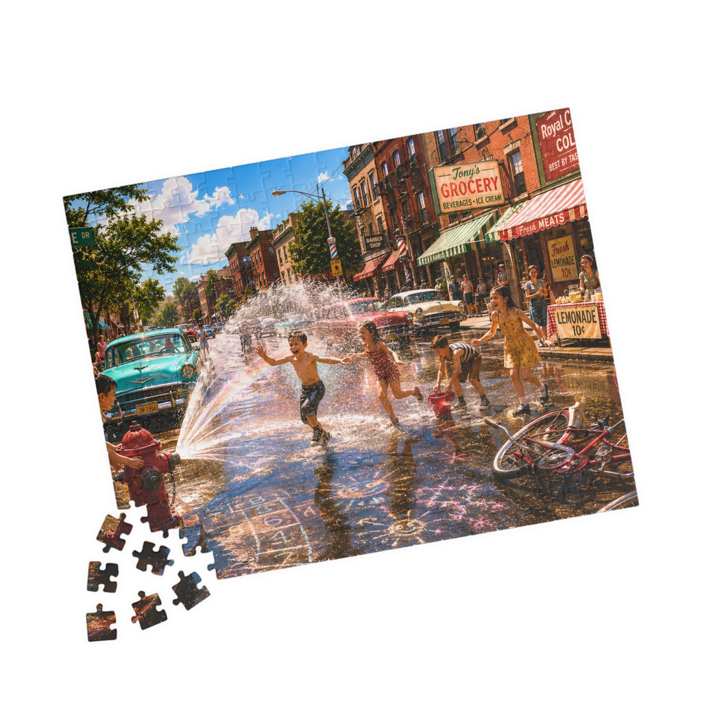 A completed jigsaw puzzle showing a colorful street scene with children playing in water, parked cars, storefronts, and a fire hydrant, displayed on a white background with a few loose puzzle pieces in front.