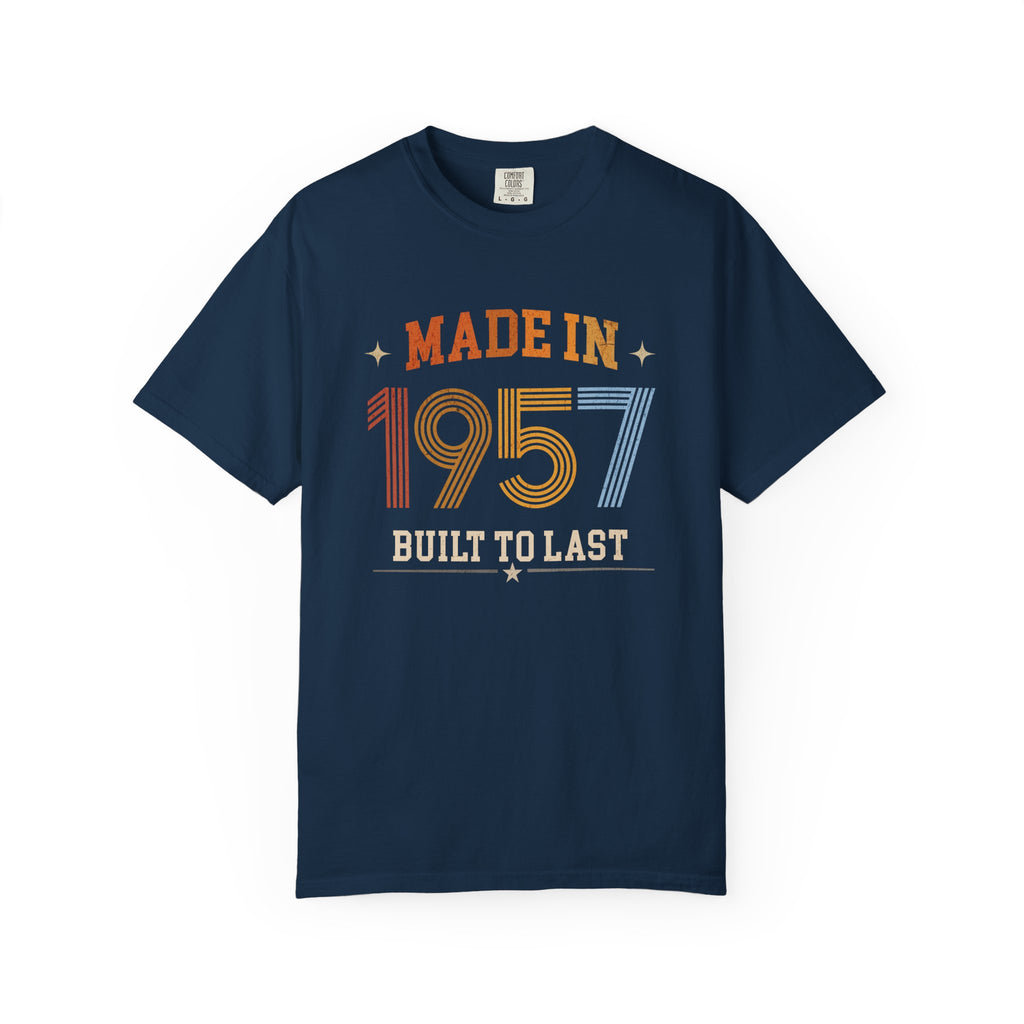 Navy blue t-shirt with 'Made in 1957 Built to Last' text on a white background
