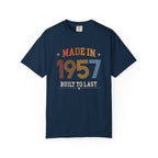 Navy blue t-shirt with 'Made in 1957 Built to Last' text on a white background