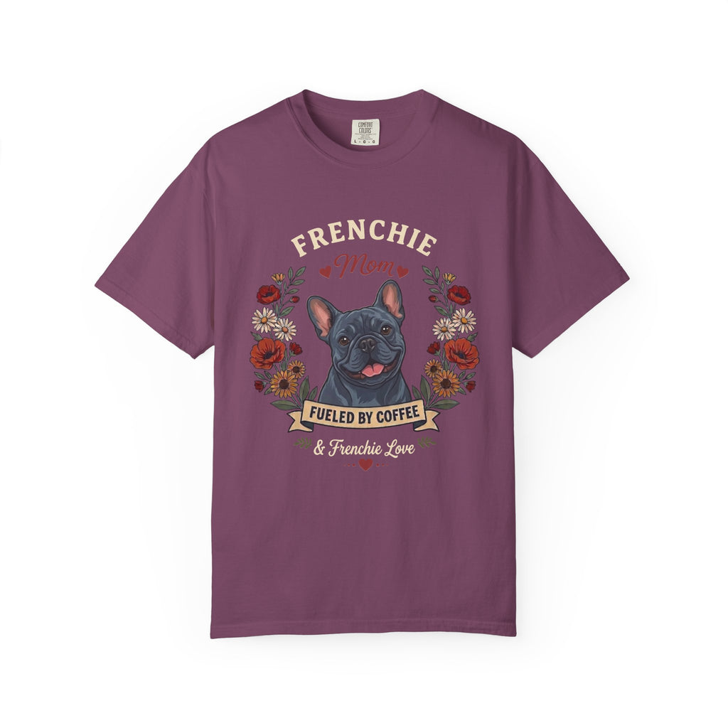 Blue French Bulldog Dog Mom T-Shirt | Fueled by Coffee & Frenchie Love