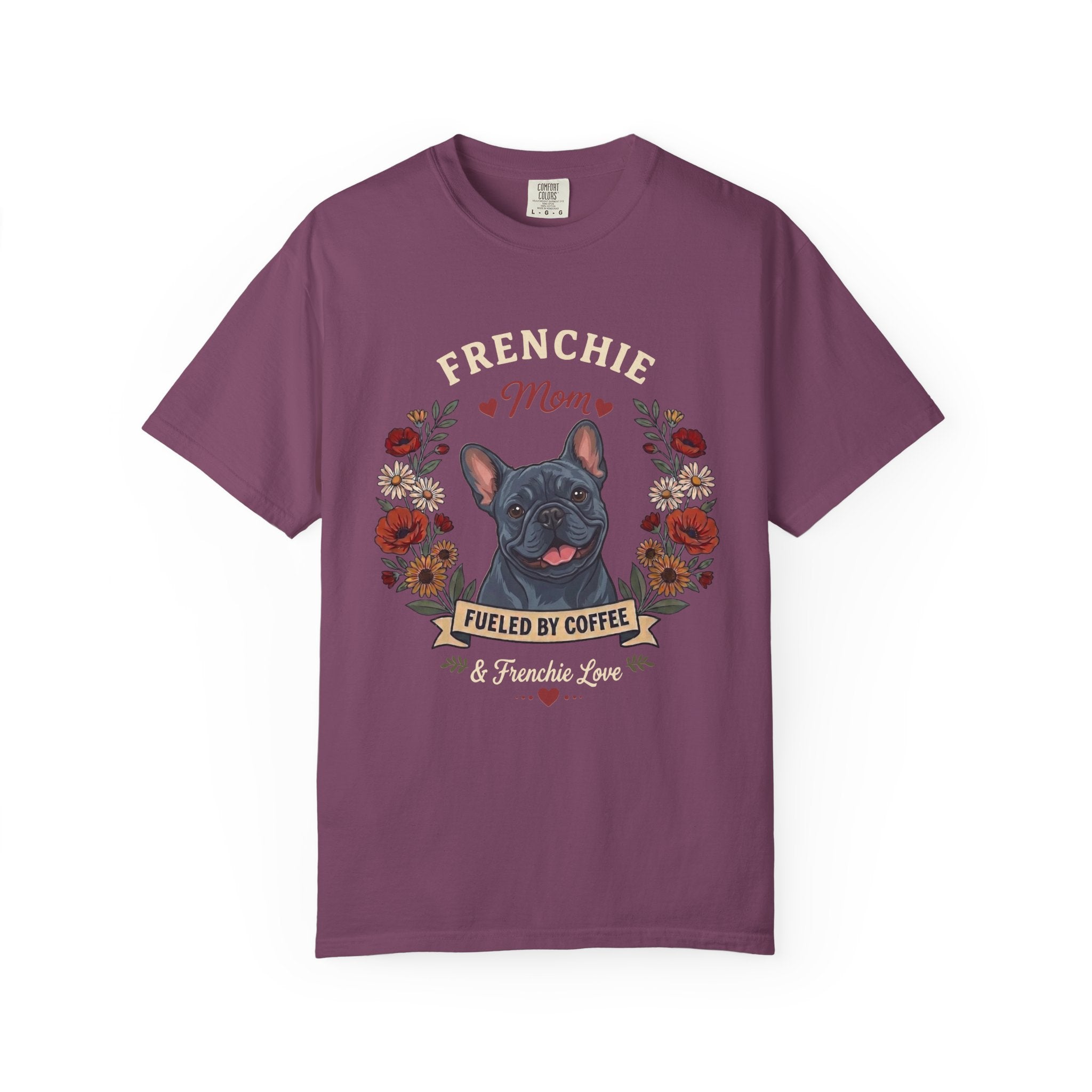 Blue French Bulldog Dog Mom T-Shirt | Fueled by Coffee & Frenchie Love