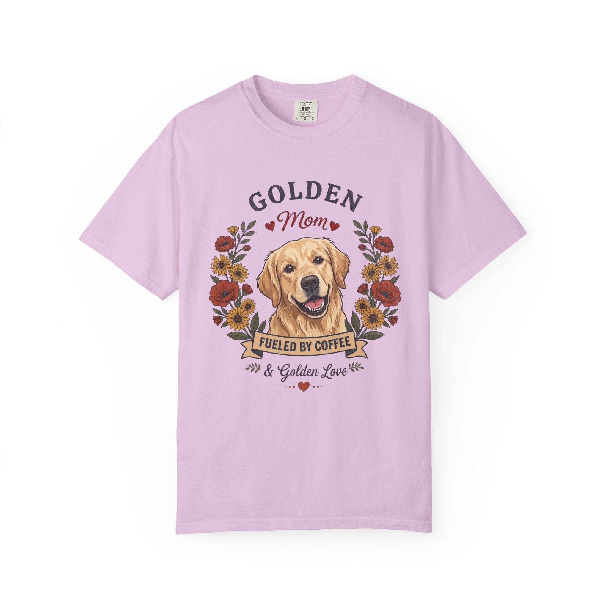 Light Golden Retriever Dog Mom T-Shirt | Fueled by Coffee & Golden Love