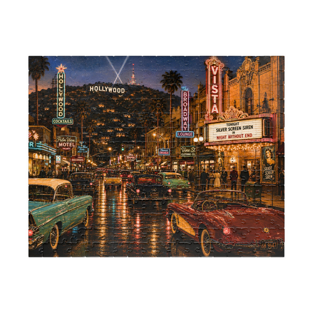 Hollywood After Dark – Neon Los Angeles Night & Classic Cars Art Puzzle