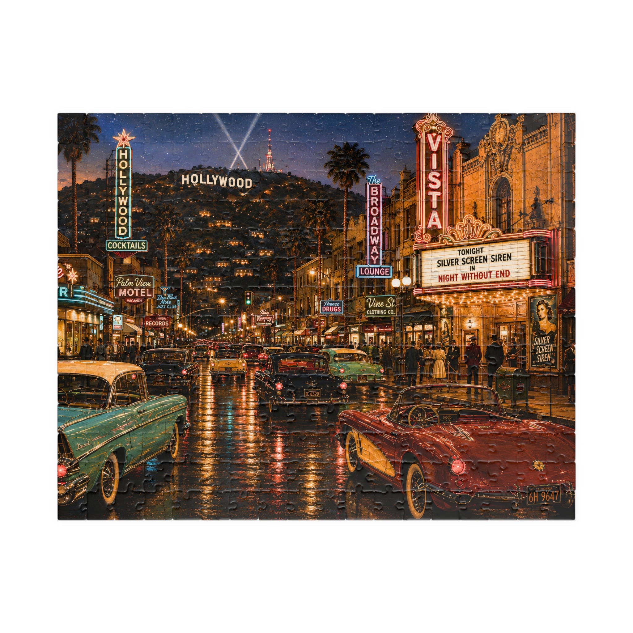 Hollywood After Dark – Neon Los Angeles Night & Classic Cars Art Puzzle