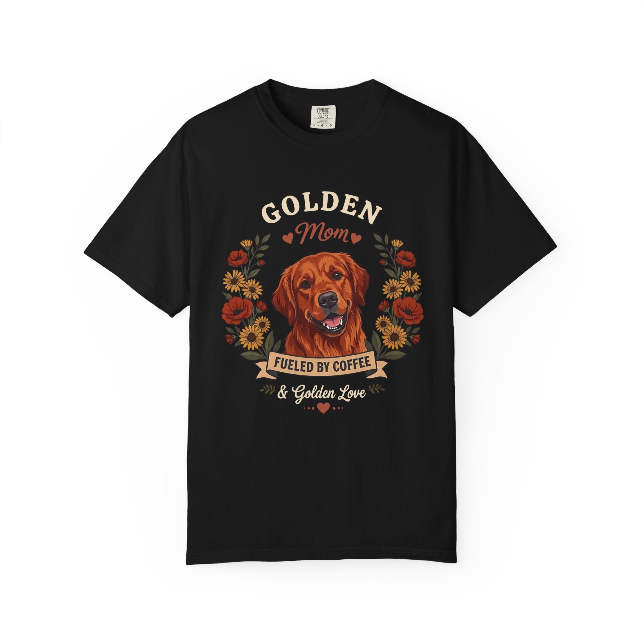 Red Golden Retriever Dog Mom T-Shirt | Fueled by Coffee & Golden Love
