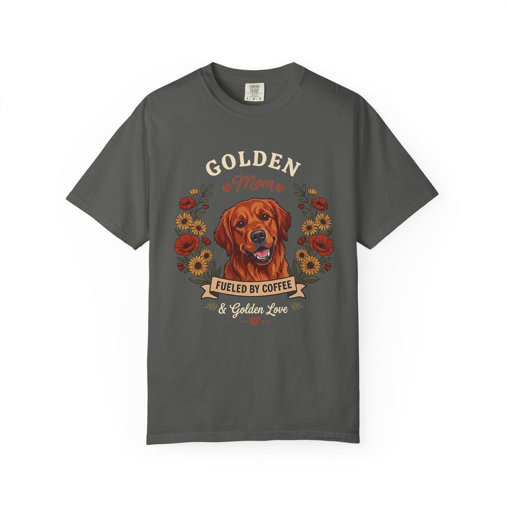 Red Golden Retriever Dog Mom T-Shirt | Fueled by Coffee & Golden Love