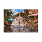 A square, full puzzle depicting a vibrant, colorful street scene with children playing in a water fountain on a wet city street, surrounded by vintage cars and storefronts, shown against a plain white background.