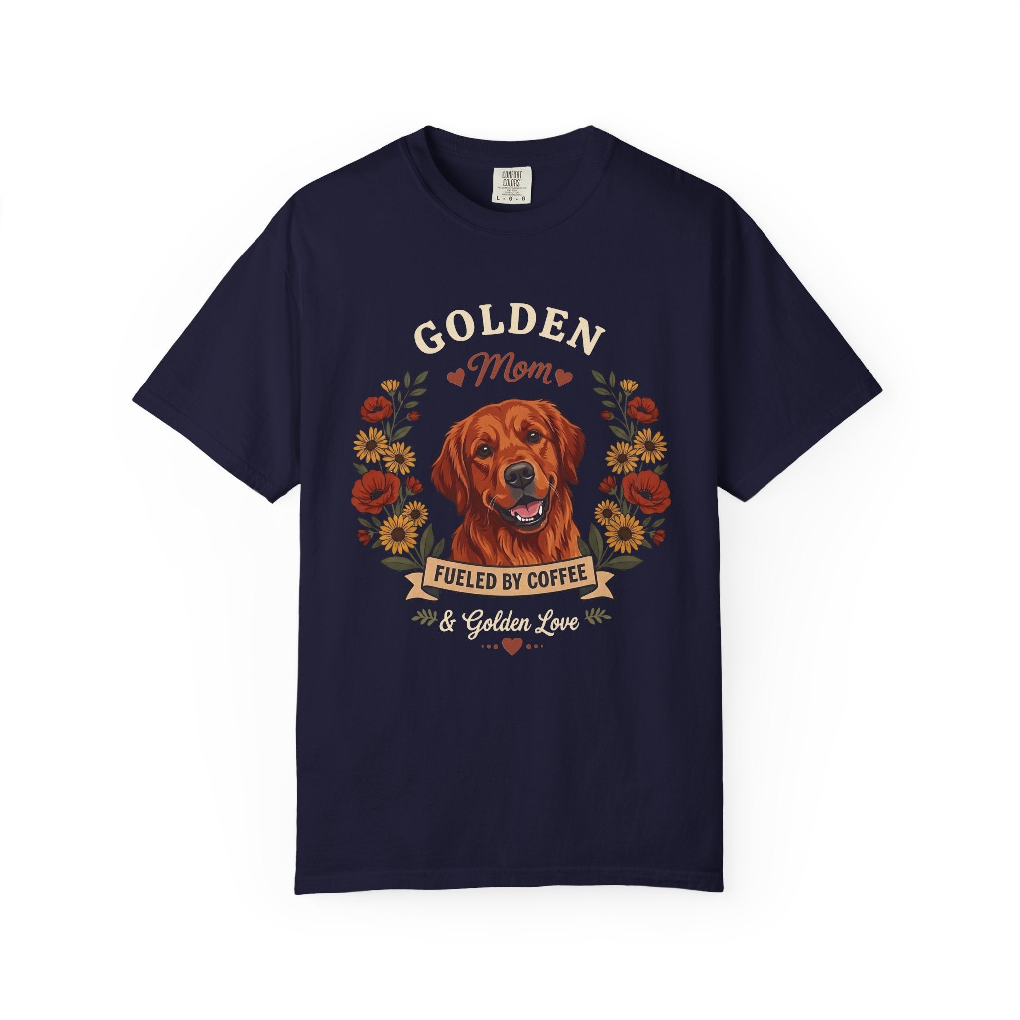 Red Golden Retriever Dog Mom T-Shirt | Fueled by Coffee & Golden Love