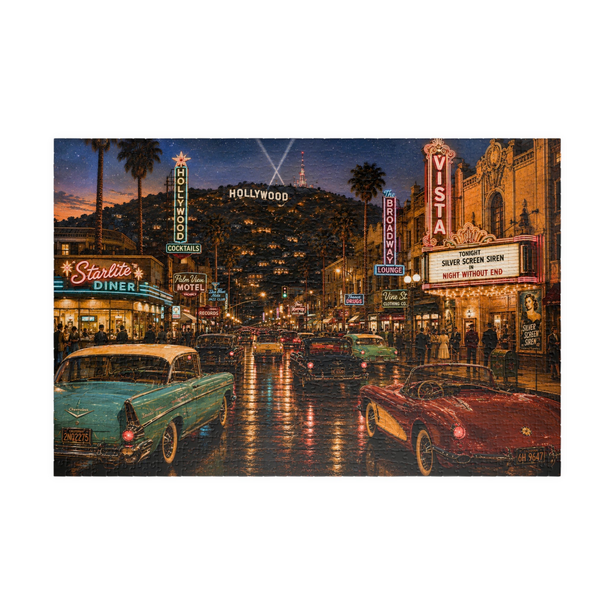 Hollywood After Dark – Neon Los Angeles Night & Classic Cars Art Puzzle