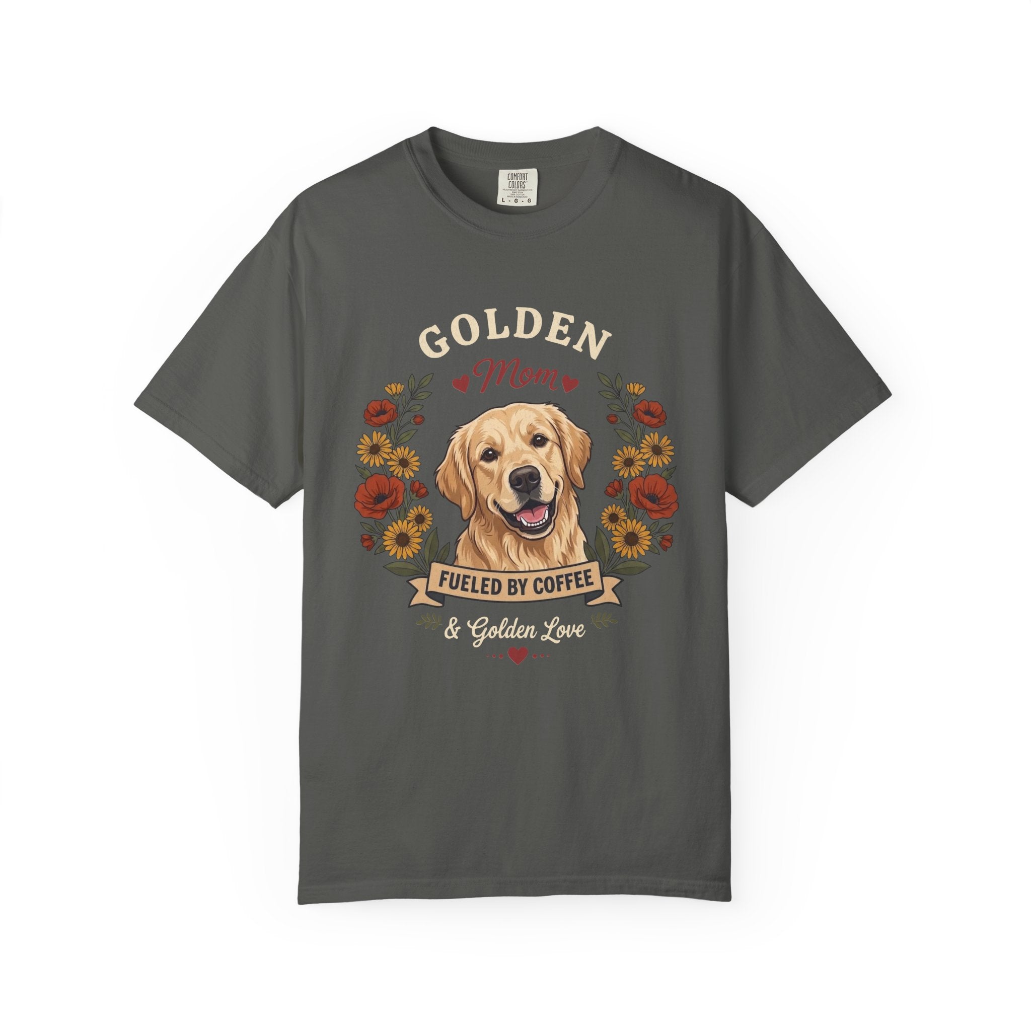 Light Golden Retriever Dog Mom T-Shirt | Fueled by Coffee & Golden Love