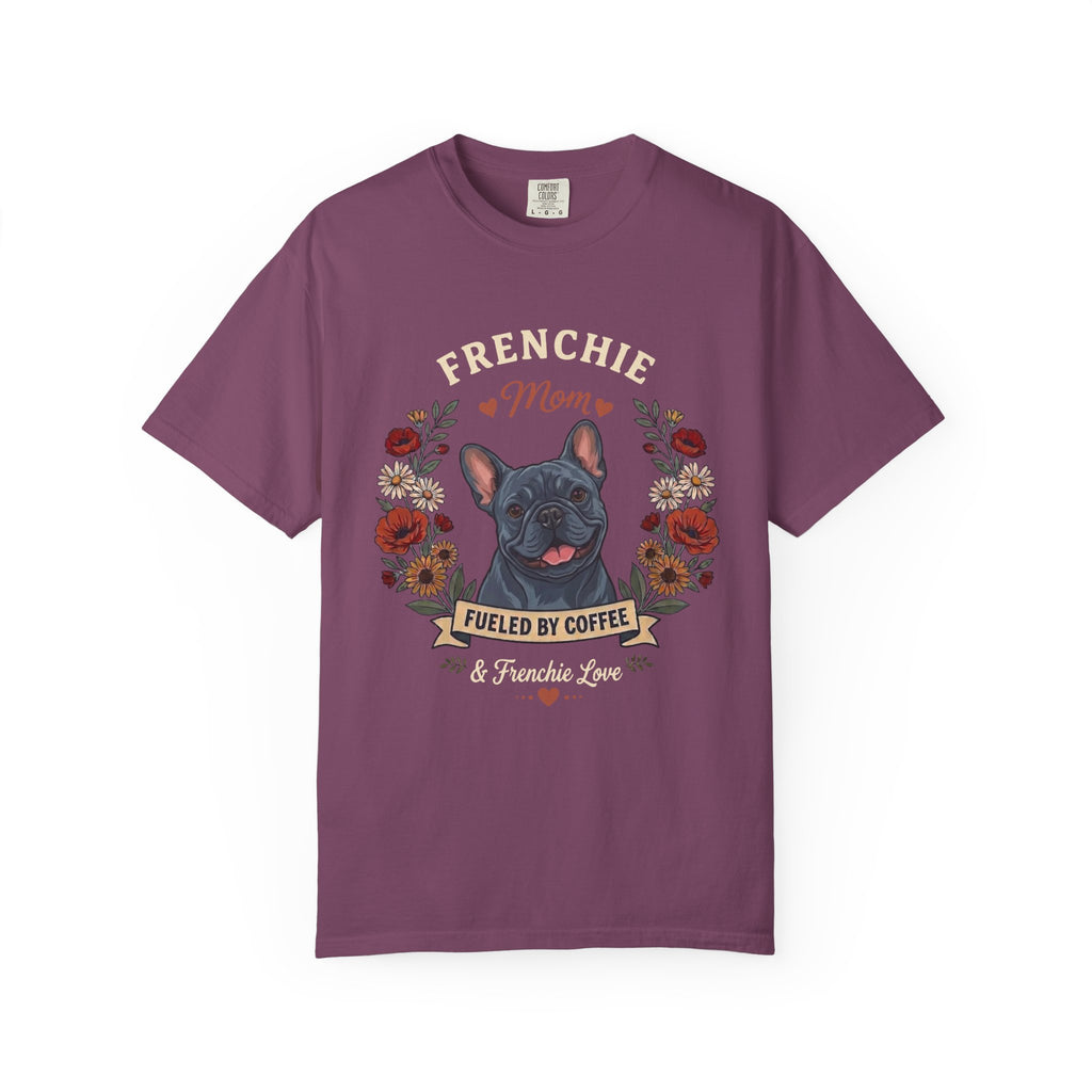 Blue French Bulldog Dog Mom T-Shirt | Fueled by Coffee & Frenchie Love