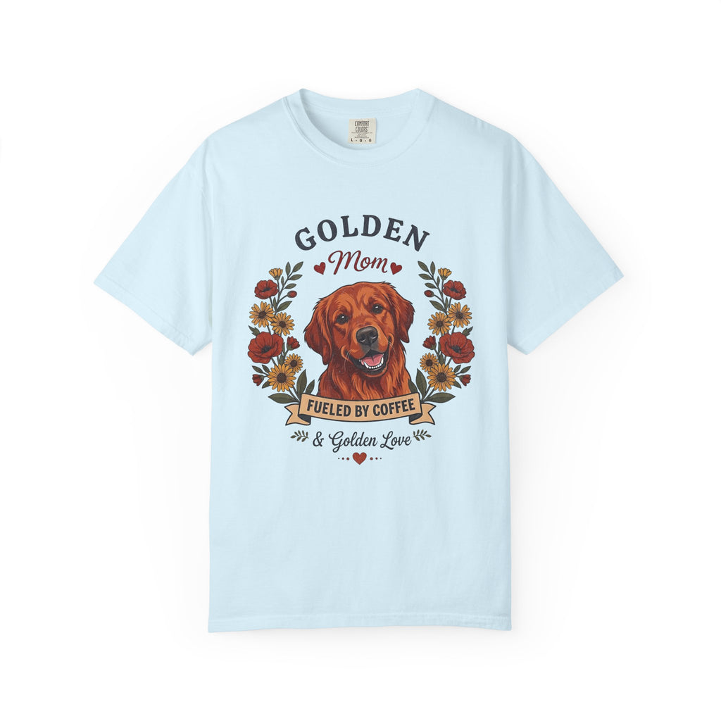 Red Golden Retriever Dog Mom T-Shirt | Fueled by Coffee & Golden Love
