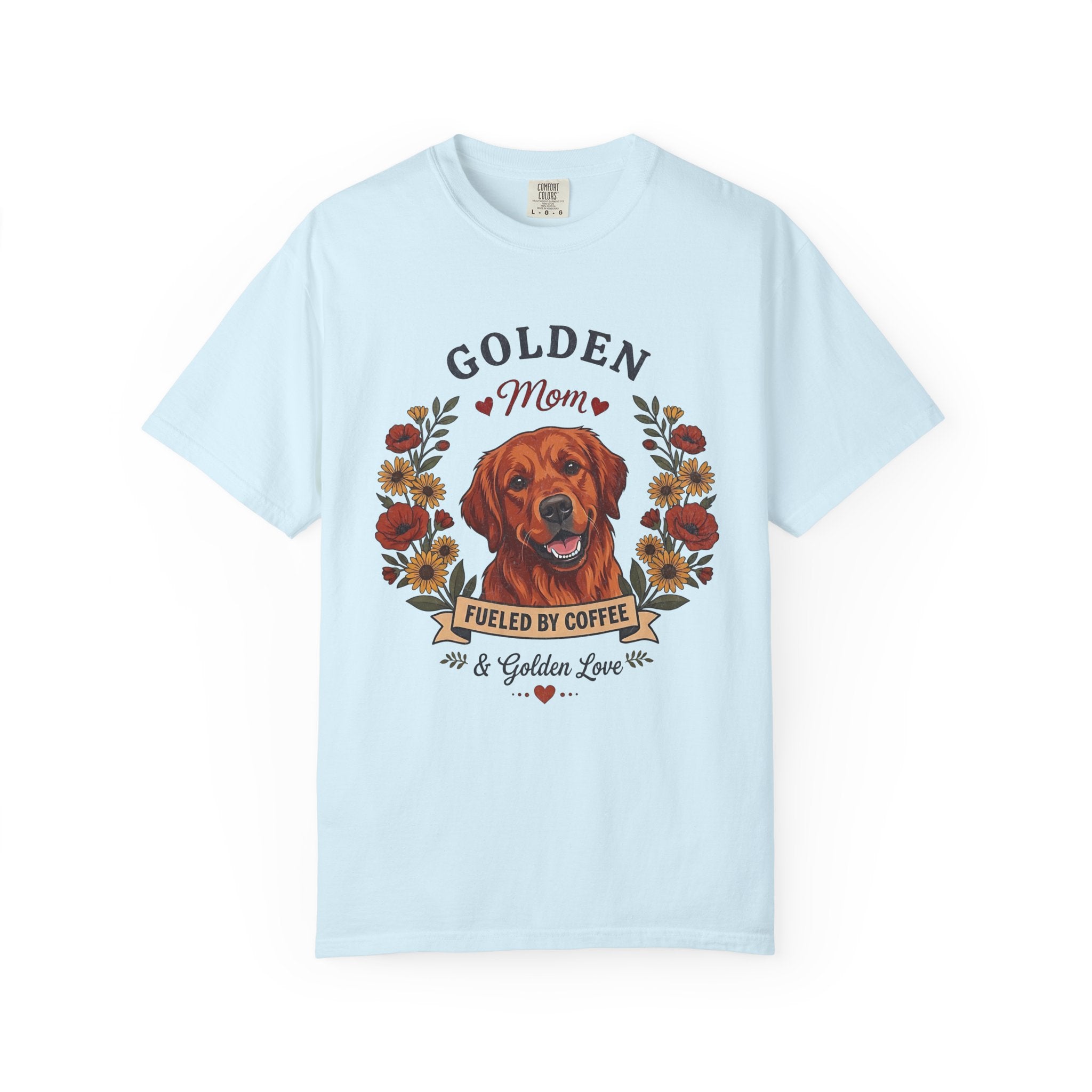 Red Golden Retriever Dog Mom T-Shirt | Fueled by Coffee & Golden Love