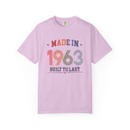 Orchid  t-shirt with 'Made in 1963 Built to Last' text on a white background