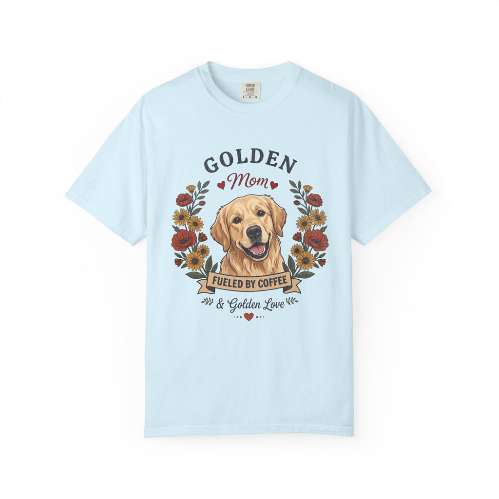 Light Golden Retriever Dog Mom T-Shirt | Fueled by Coffee & Golden Love