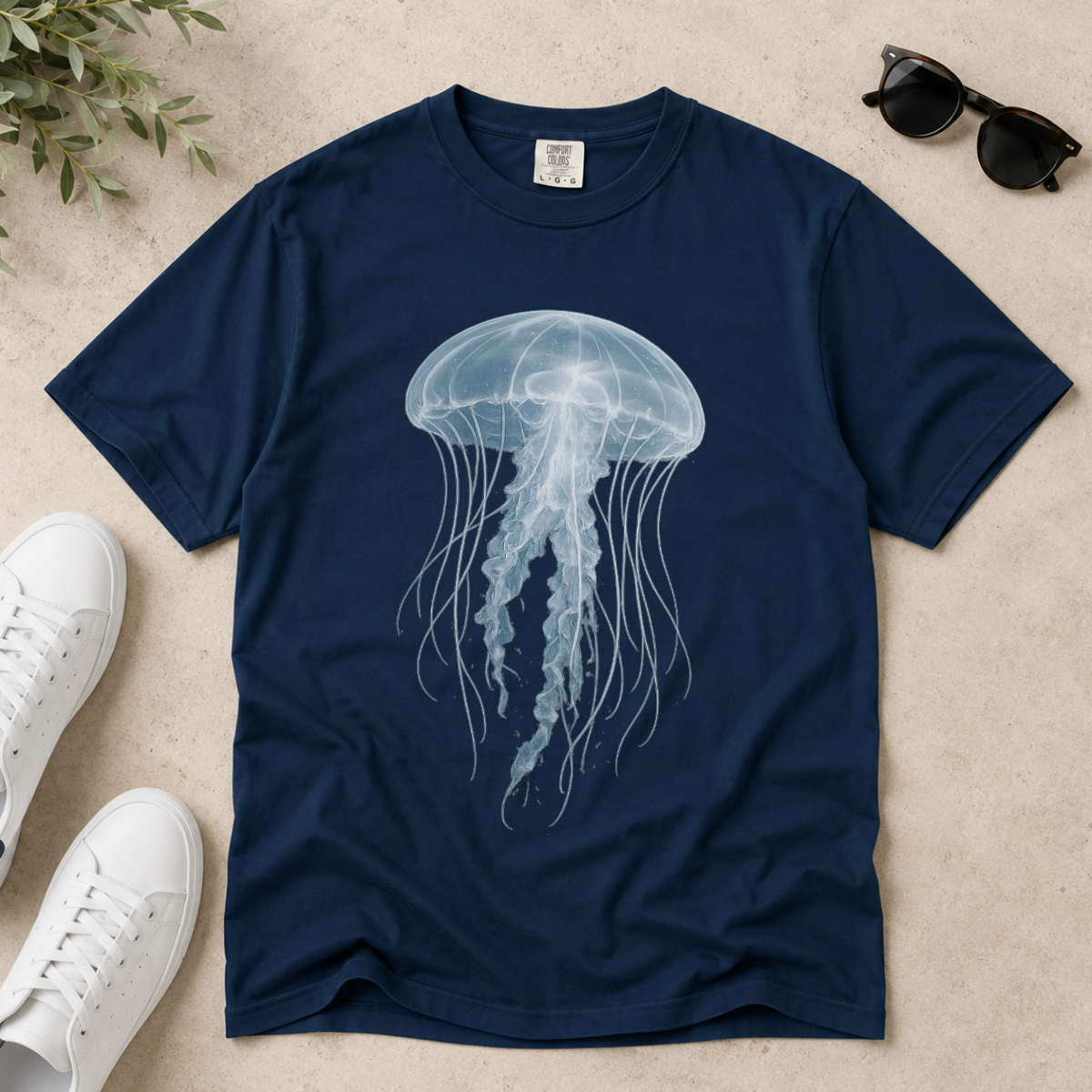 A navy blue short-sleeve t-shirt with a large white and light blue jellyfish graphic on the front, laid flat on a beige textured surface with white sneakers, sunglasses, and green leaves as props.