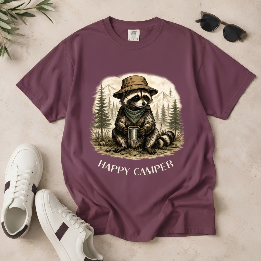 A mauve-purple short-sleeve t-shirt laid flat on a light beige surface, featuring a vintage-style graphic of a raccoon wearing a hat and scarf while holding a camping mug, with the text 'HAPPY CAMPER' below. The shirt is styled with white sneakers, sunglasses, and a small plant sprig.