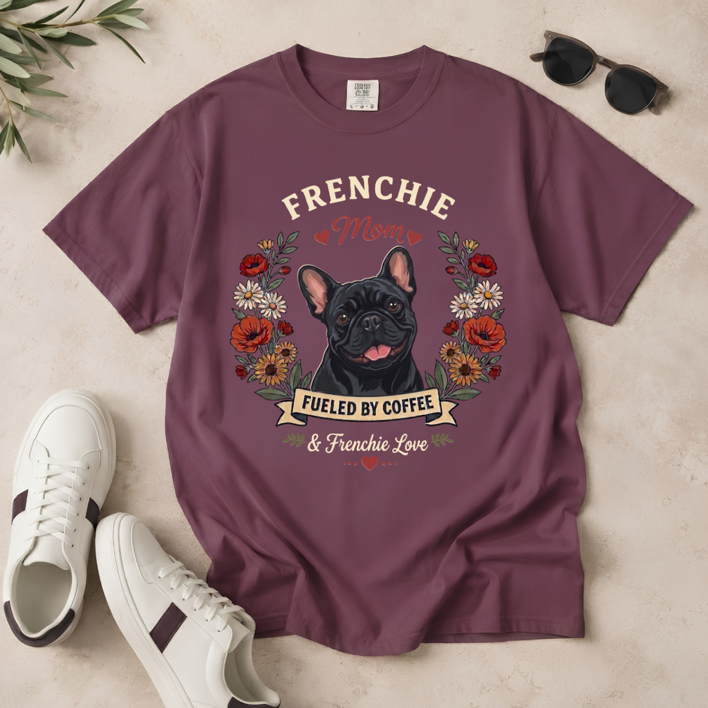 Black French Bulldog Dog Mom T-Shirt | Fueled by Coffee & Frenchie Love