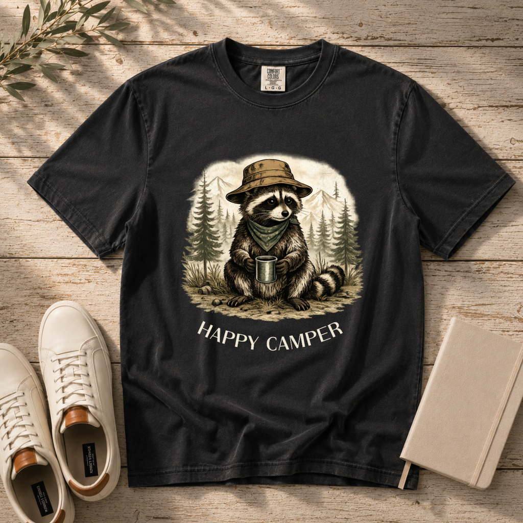 A black graphic t-shirt laid flat on a rustic wooden surface, featuring a raccoon wearing a hat and bandana while holding a mug with the text 'HAPPY CAMPER' below. White sneakers and a notebook are styled around the shirt.