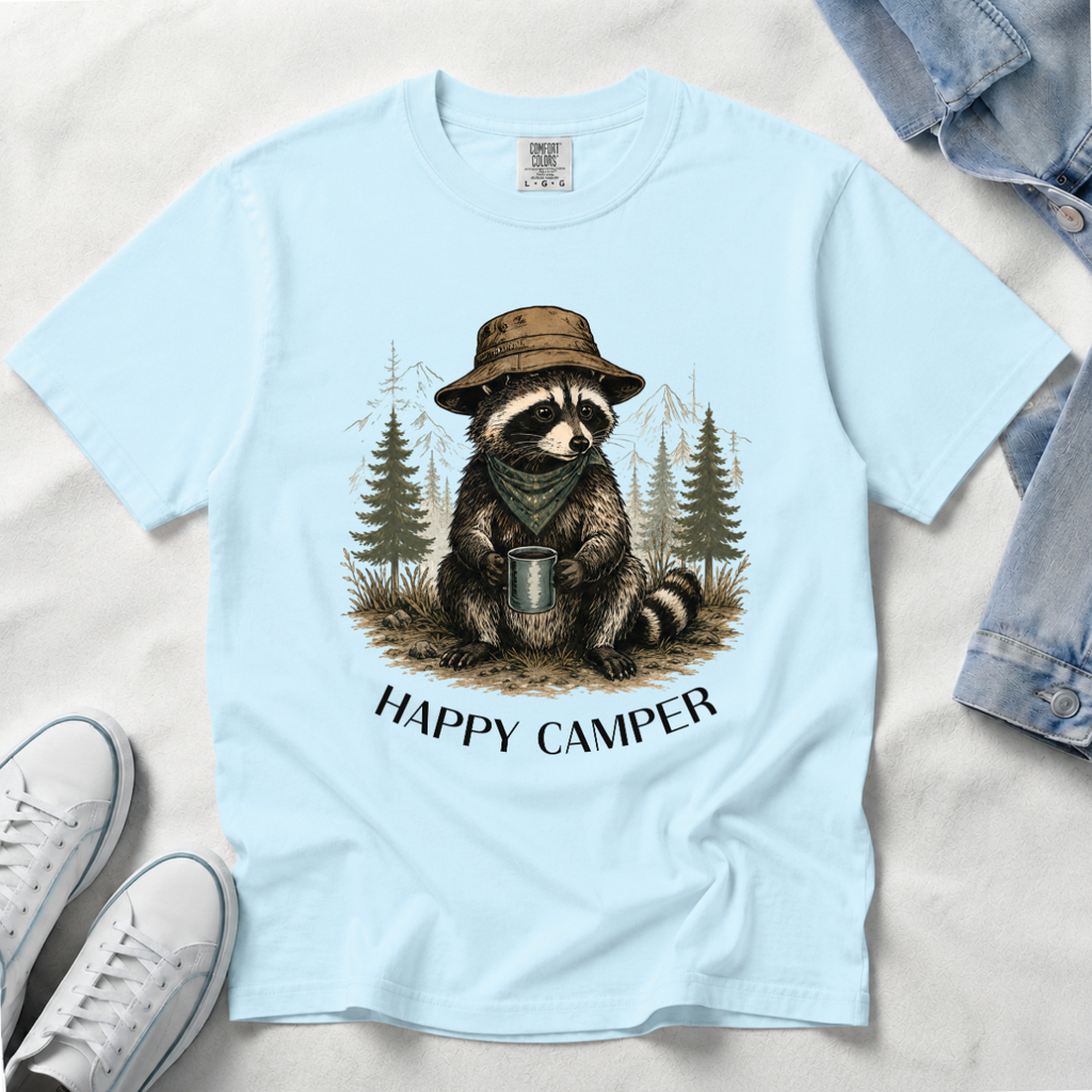 A light blue short-sleeve t-shirt laid flat on a white fabric background, featuring a graphic of a raccoon wearing a hat and scarf while holding a mug, with the text 'HAPPY CAMPER' below. White sneakers and a denim jacket are partially visible as styling props.