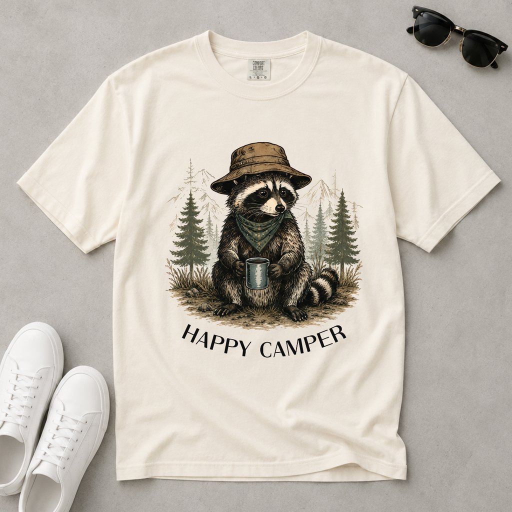 An off-white graphic t-shirt laid flat on a gray surface, styled with white sneakers and sunglasses. The t-shirt features a graphic of a raccoon wearing a hat and bandana, holding a mug in a forest, with the text 'HAPPY CAMPER' below.