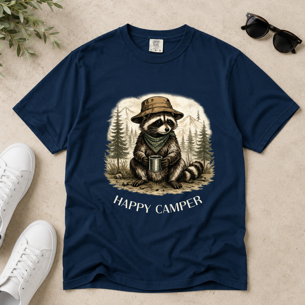 A navy blue short-sleeve t-shirt laid flat on a light beige textured surface, featuring a graphic of a raccoon wearing a hat and bandana while holding a mug in a forest, with the text 'HAPPY CAMPER' below. White sneakers, sunglasses, and a small plant sprig are styled around the shirt.