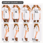 Size chart for Comfot Colours 1717 shirts showing different fits and measurements.