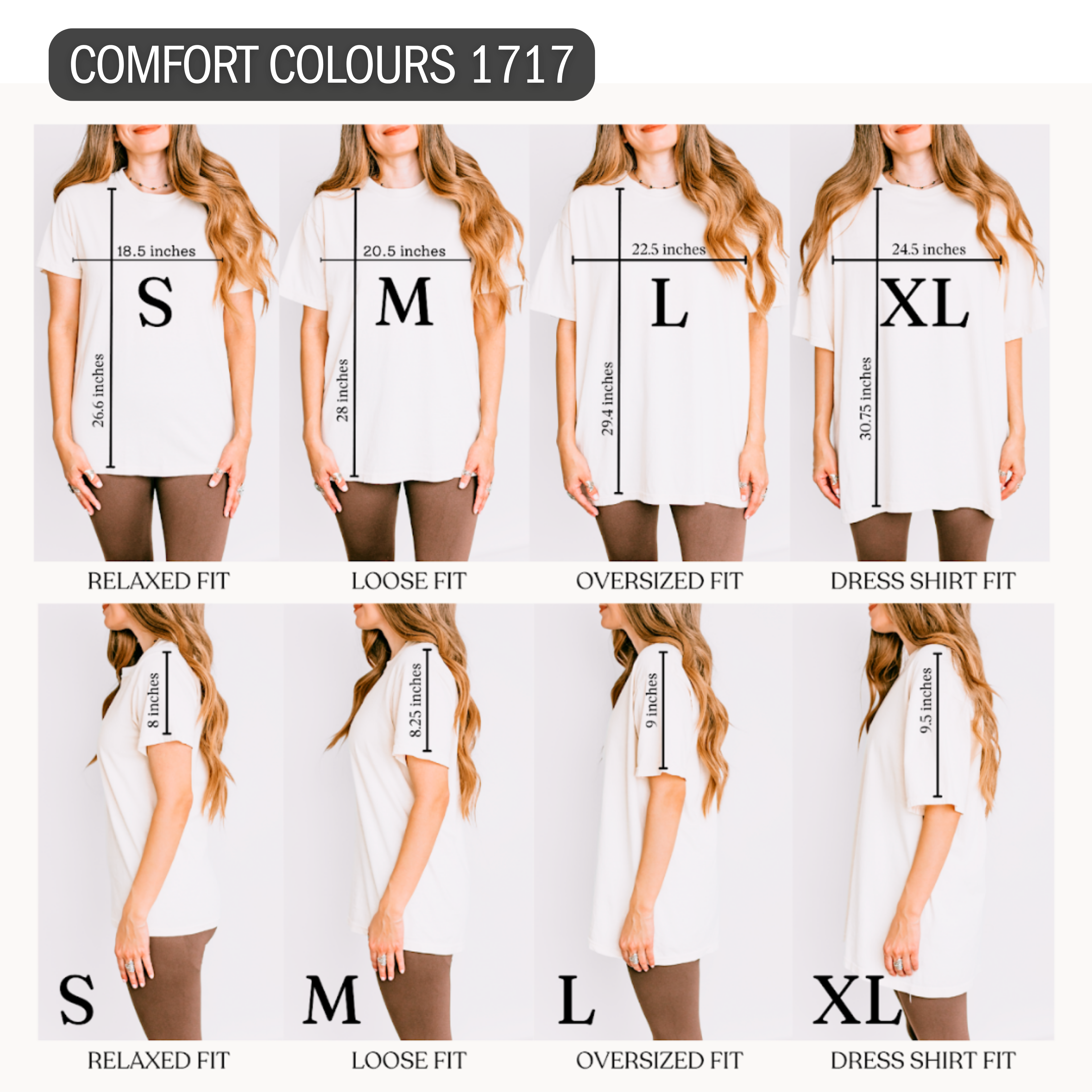 Size chart for shirts showing different fits and measurements.