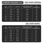 Size chart for Comfort Colours 1717 clothing with imperial and metric measurements.