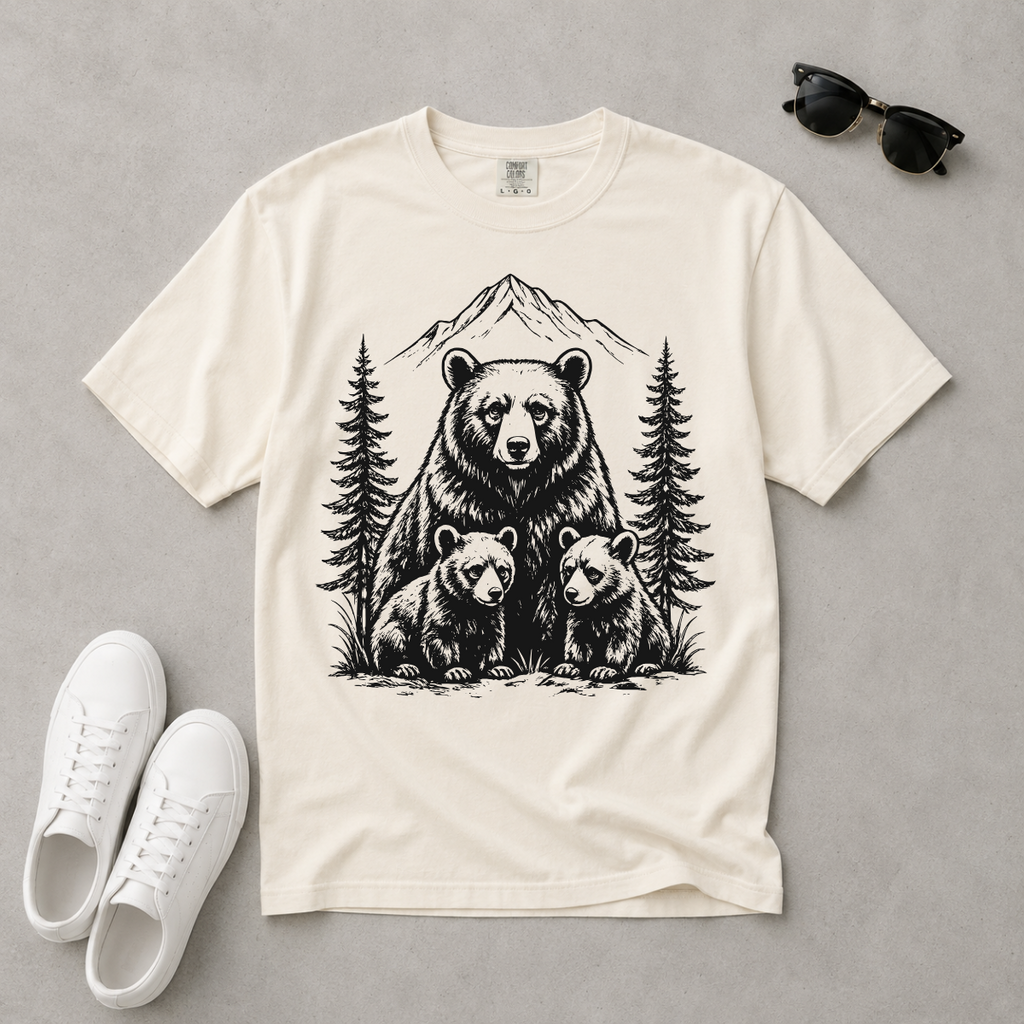 White t-shirt with bear and cubs design on a gray background, paired with white sneakers and sunglasses.