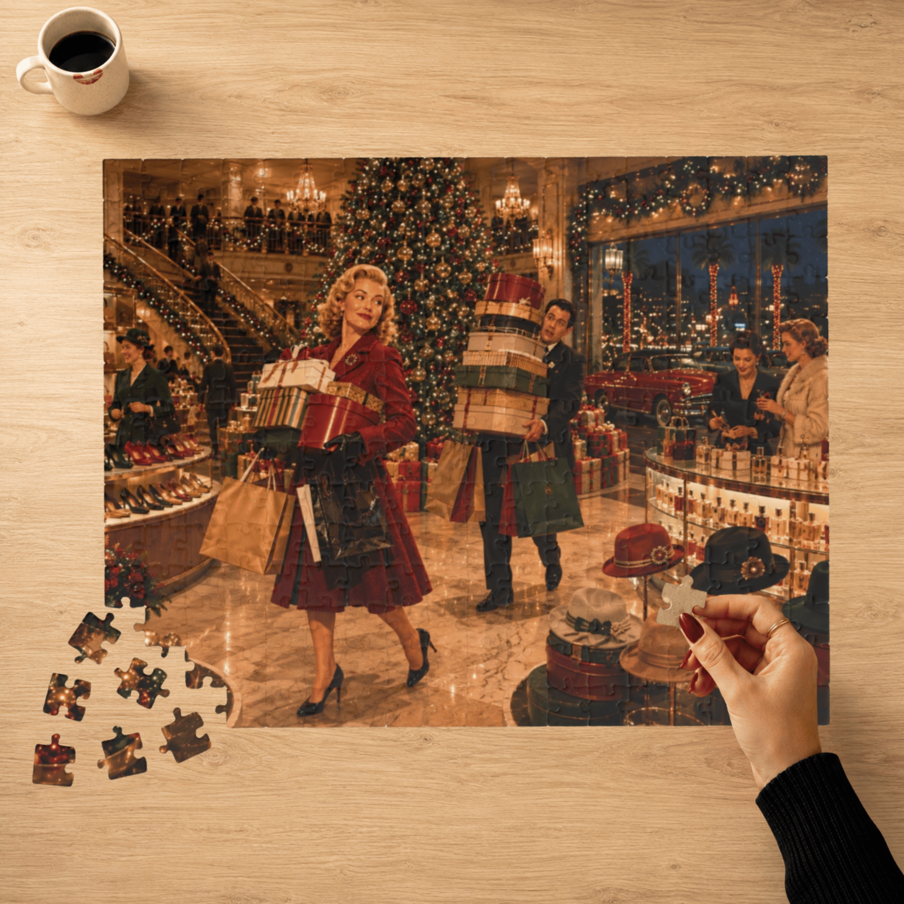 Vintage Christmas Shopping – Retro Department Store Art Puzzle