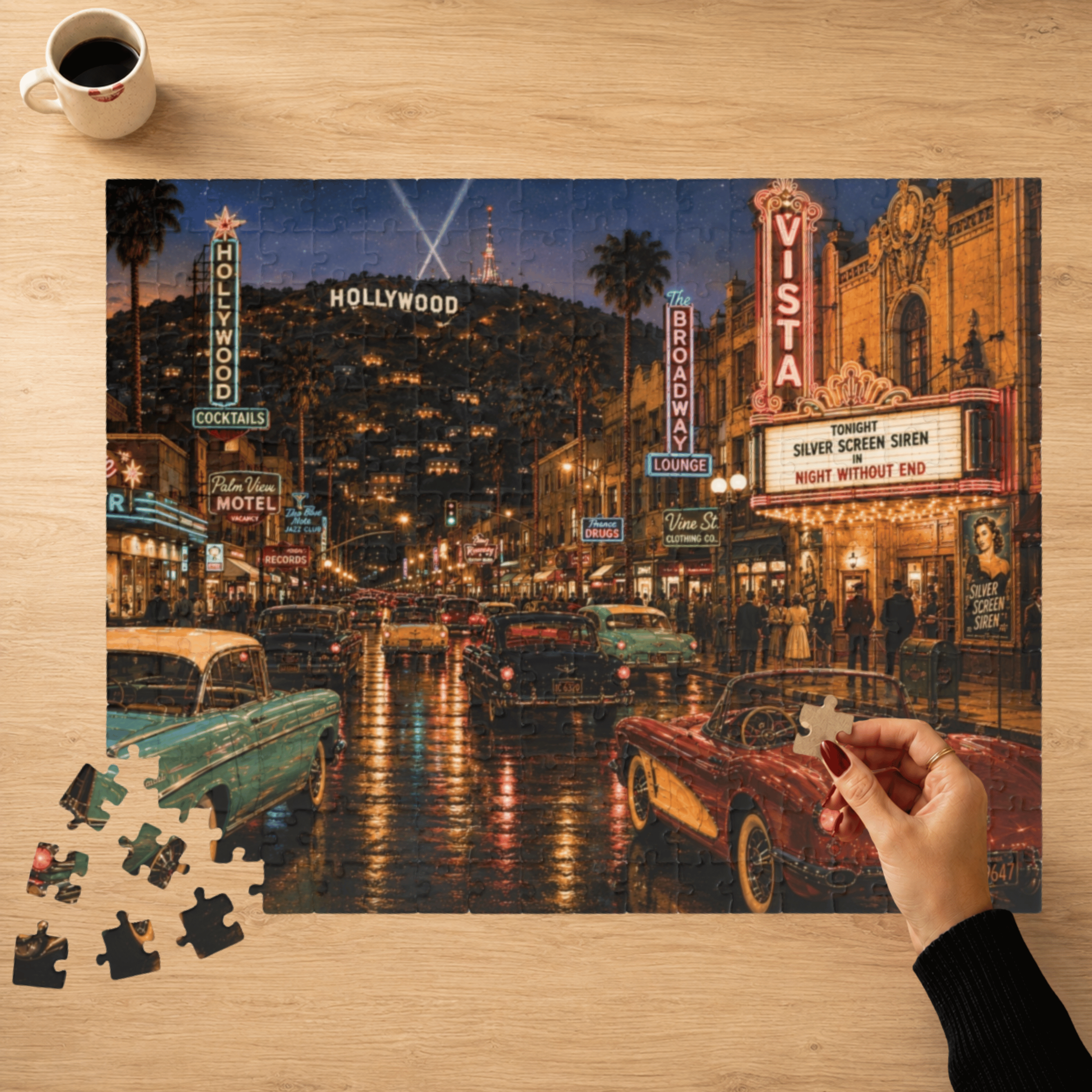 Hollywood After Dark – Neon Los Angeles Night & Classic Cars Art Puzzle
