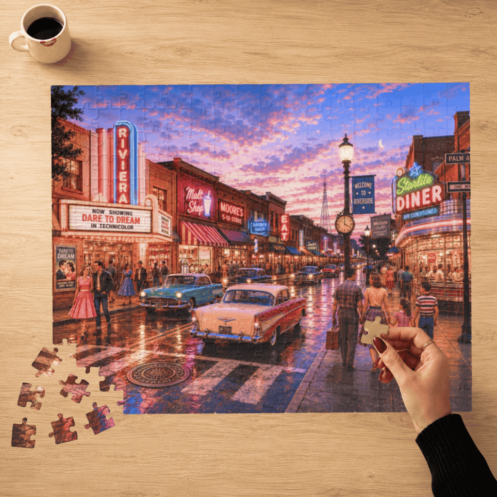 Meet Me Where the Neon Starts – Vintage Main Street Night Art Puzzle