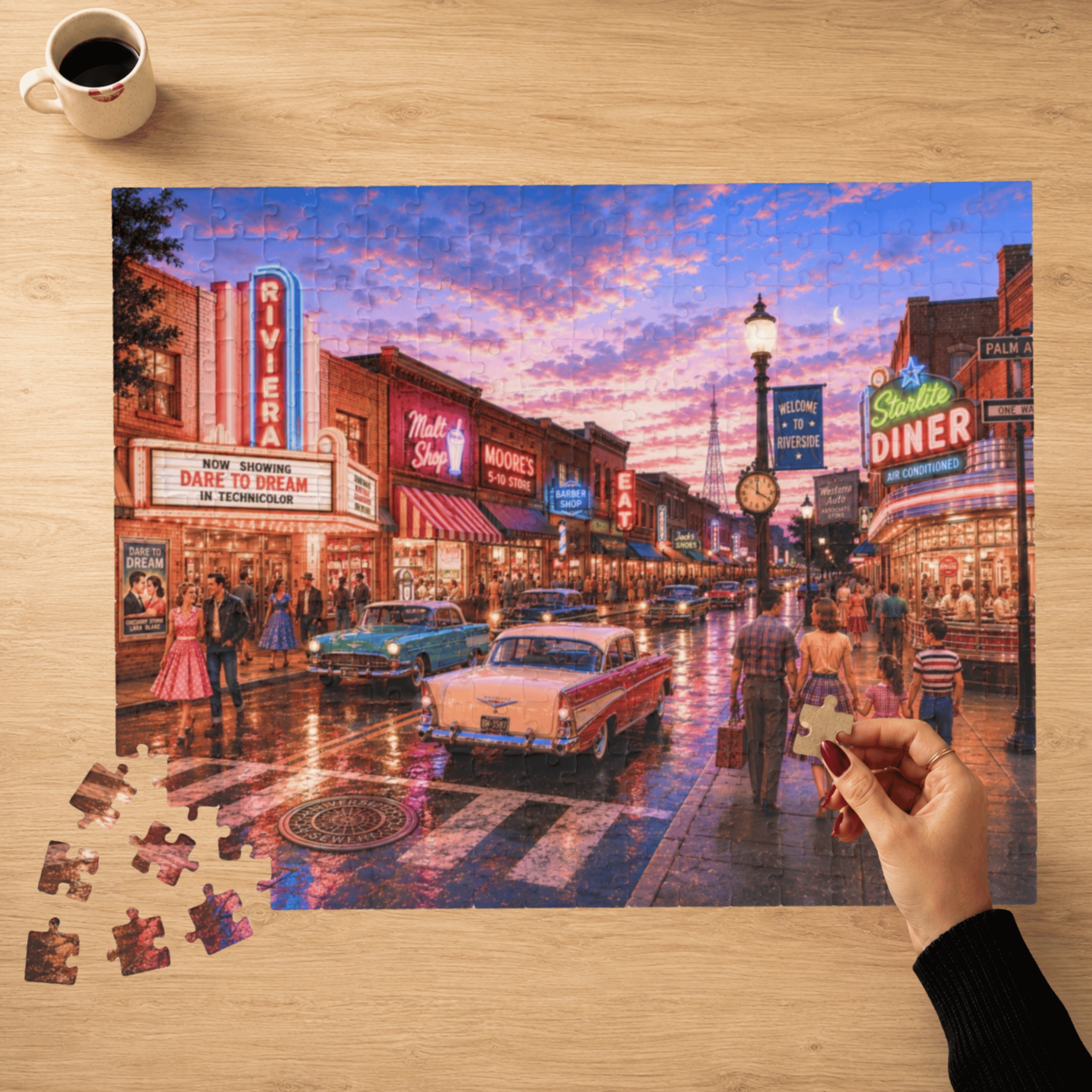 Meet Me Where the Neon Starts – Vintage Main Street Night Art Puzzle