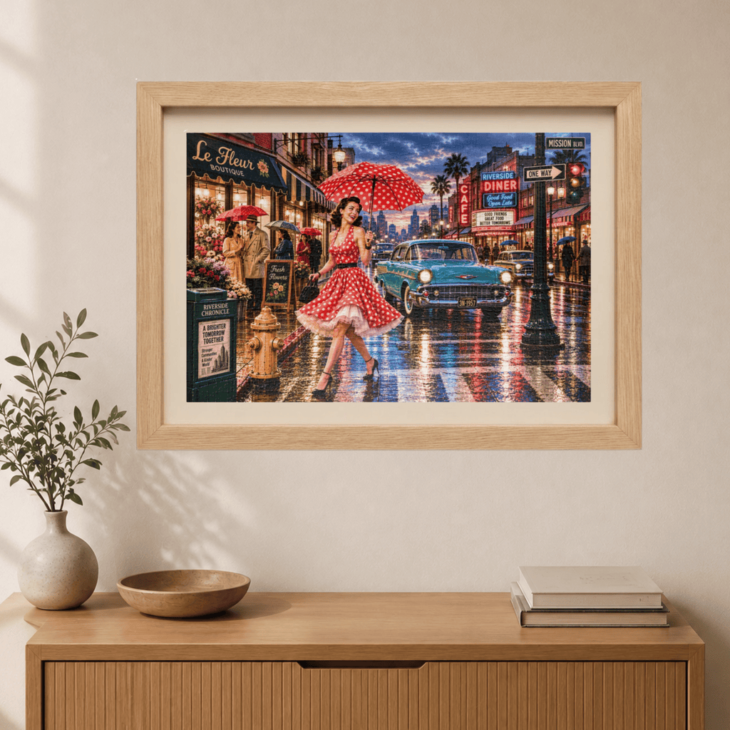 A Little Rain Never Ruined the Outfit – Retro Pin-Up City Art Puzzle