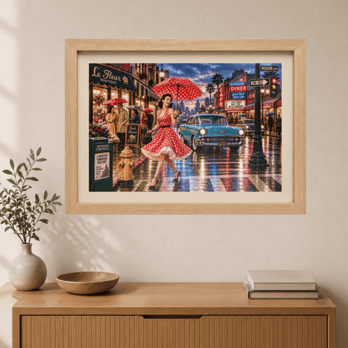 A Little Rain Never Ruined the Outfit – Retro Pin-Up City Art Puzzle