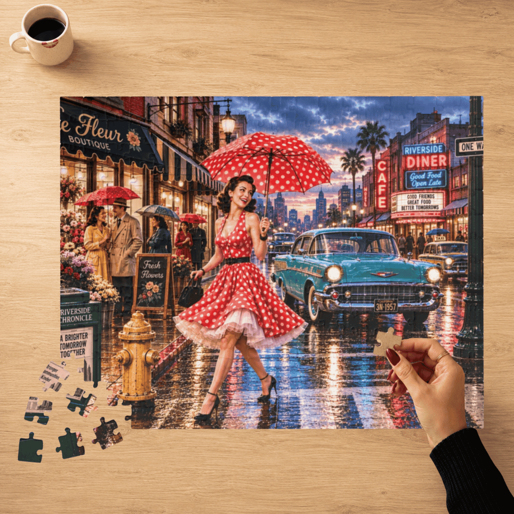A Little Rain Never Ruined the Outfit – Retro Pin-Up City Art Puzzle