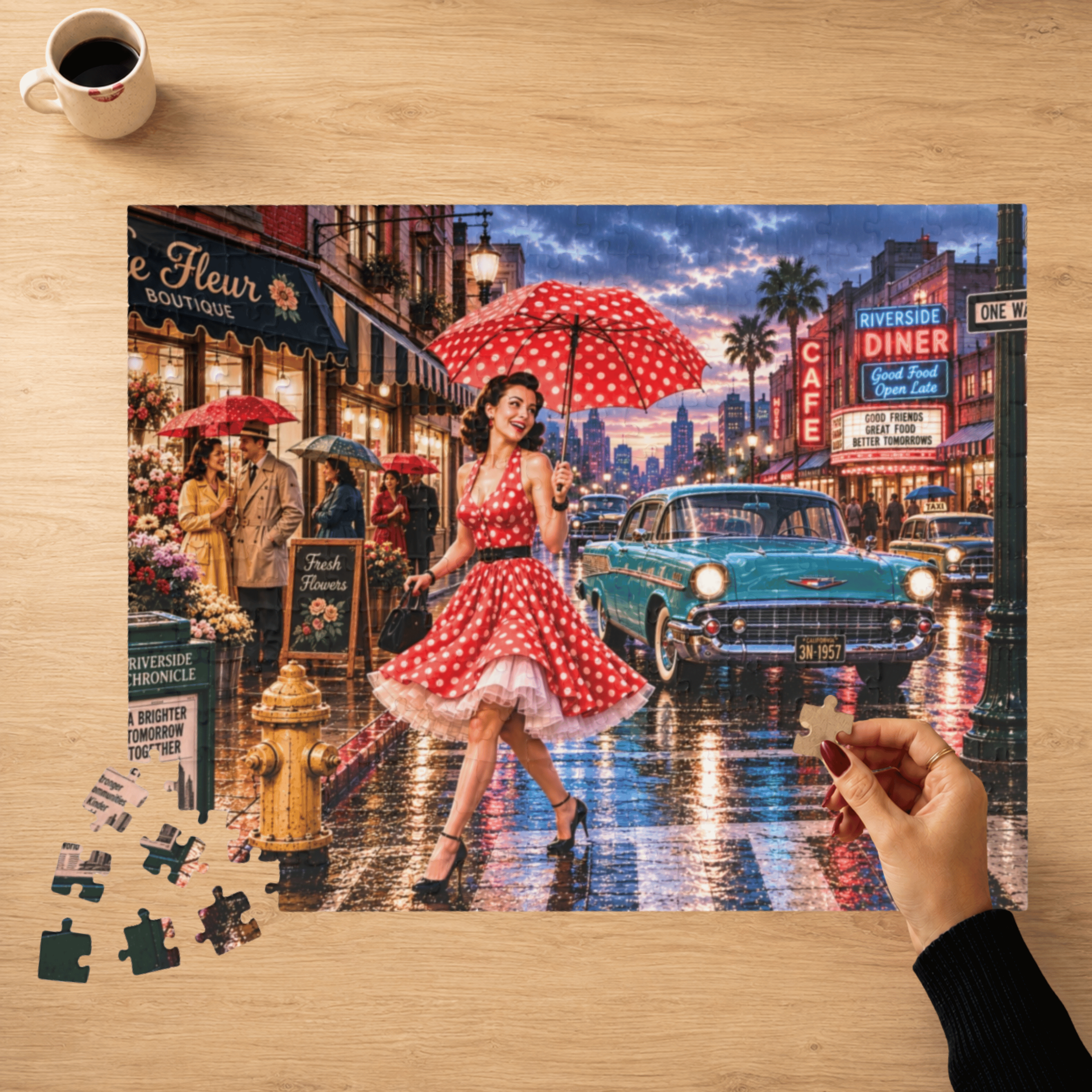 A Little Rain Never Ruined the Outfit – Retro Pin-Up City Art Puzzle