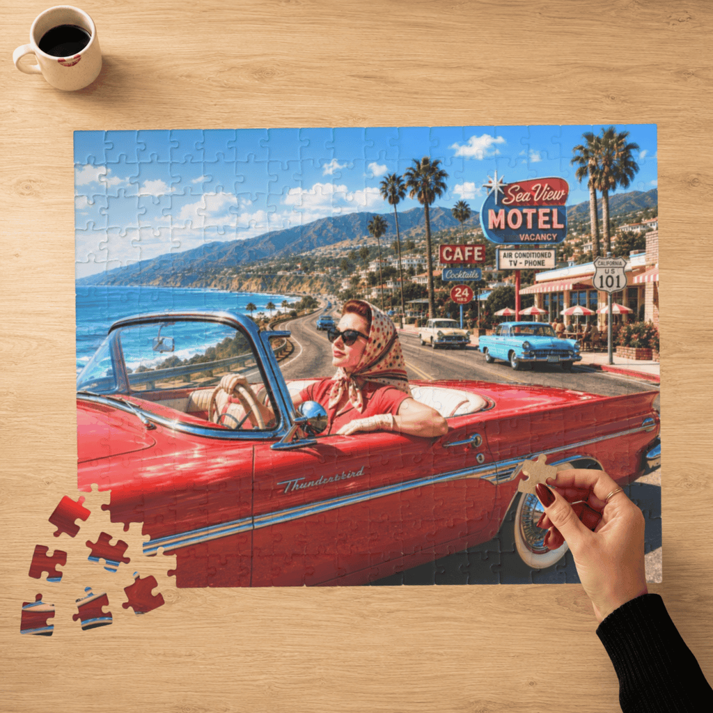 She Took the Scenic Route – Retro California Convertible Art Puzzle