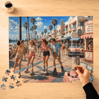 A completed jigsaw puzzle showing a retro 1950s beach boardwalk scene with four people roller skating, displayed on a light wood tabletop. Loose puzzle pieces are scattered at the lower left, and a hand is holding a piece at the lower right.