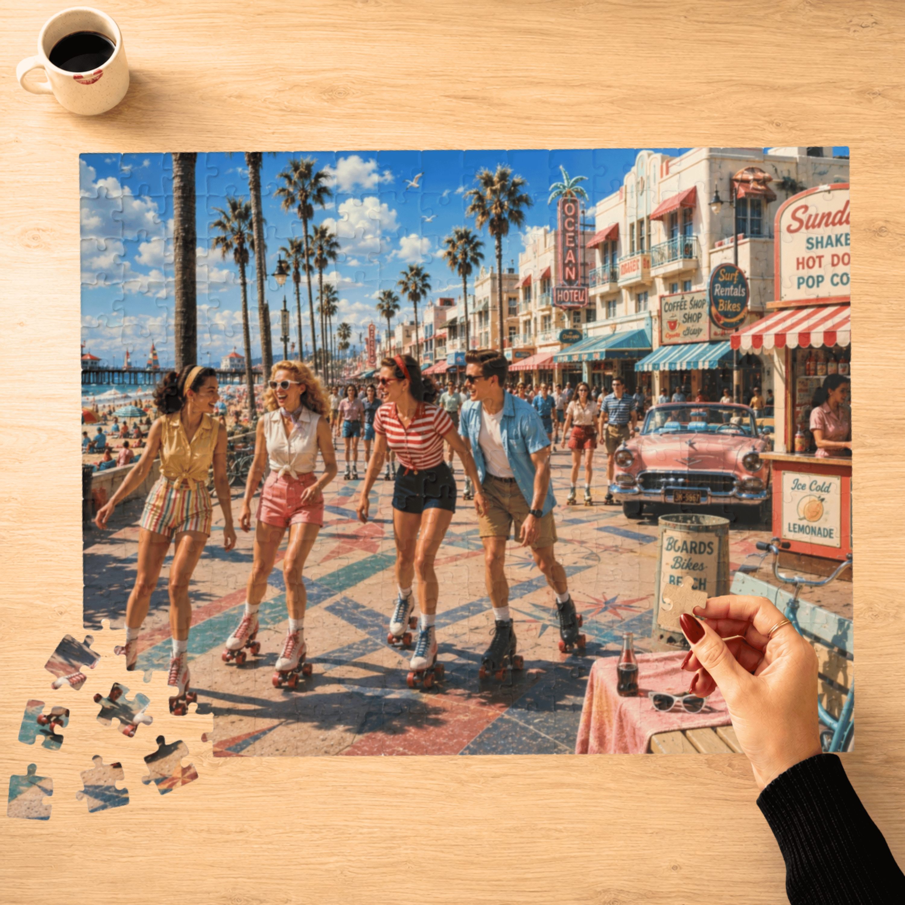 A completed jigsaw puzzle showing a retro 1950s beach boardwalk scene with four people roller skating, displayed on a light wood tabletop. Loose puzzle pieces are scattered at the lower left, and a hand is holding a piece at the lower right.